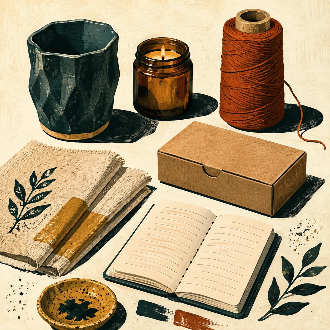 Textured illustration of ceramics, a candle, thread, fabric and an open notebook on a maker’s workbench.